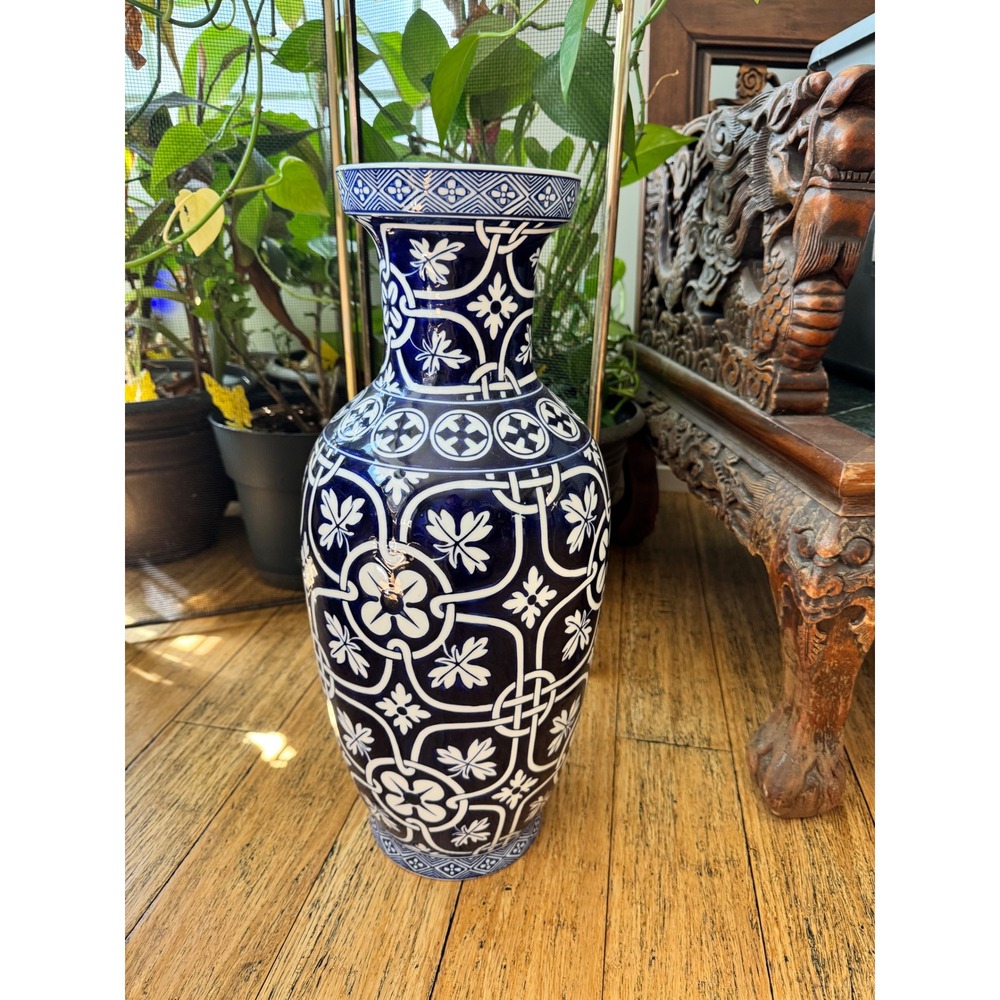 Z Gallerie Indigo Blue Clover Ceramic Vase 20.5" Large Floral Trellis Decor